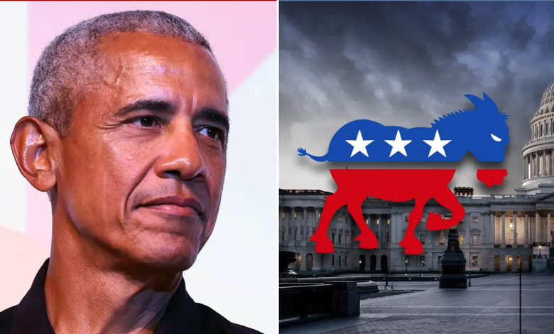 Obama at left; US Capitol with Democratic donkey logo, right
