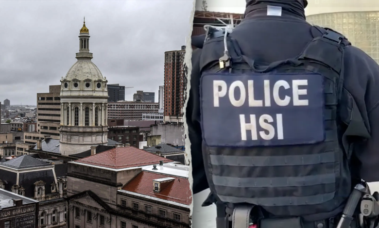 Left: The cupola of Baltimore City Hall is seen amid the skyline in Baltimore, Maryland, May 12, 2019. Right: HSI Los Angeles agents making an arrest.