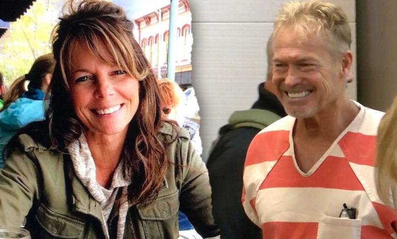 Suzanne Morphew wearing a green jacket and Barry Morphew walks into court split image