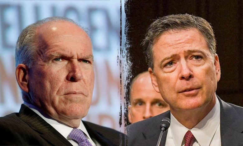 Former CIA Director John Brennan, left. Former FBI Director James Comey, right.
