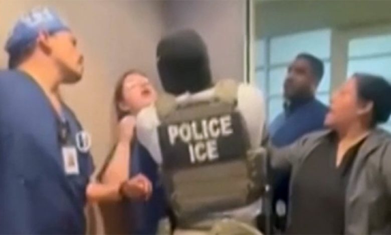 ICE agent confronted by medical clinic staff in California