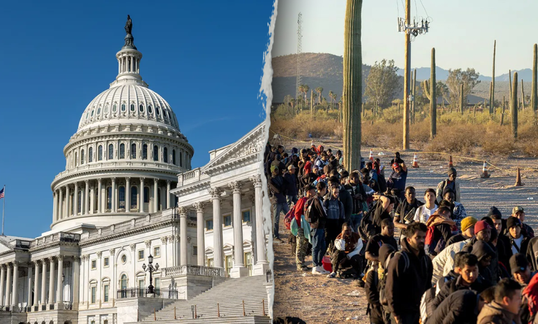U.S. Capitol building and immigrants at the U.S. southern border.