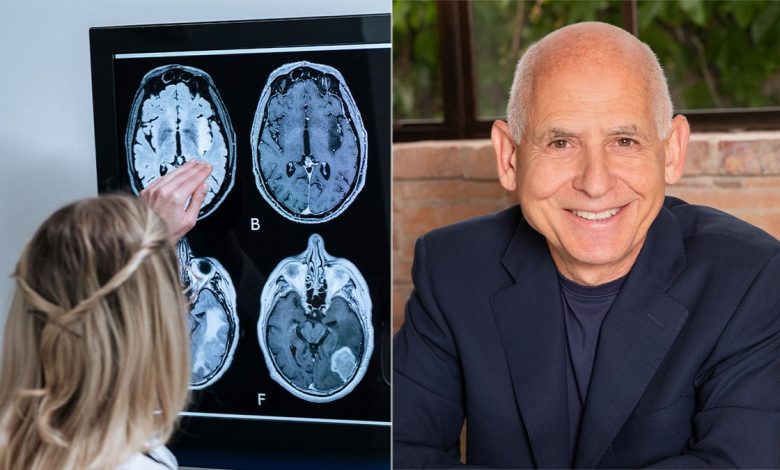 doctor examining image of a brain and dr. daniel amen headshot