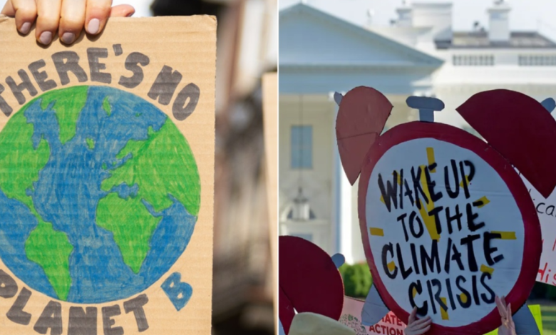 Protest signs advocate for action on climate change