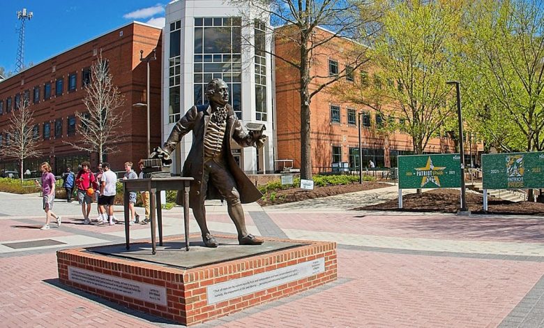 A statue of George Mason on Gorge Mason University's campus