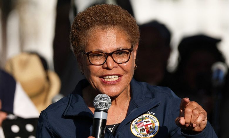 Los Angeles Mayor Karen Bass speaking at a press conference