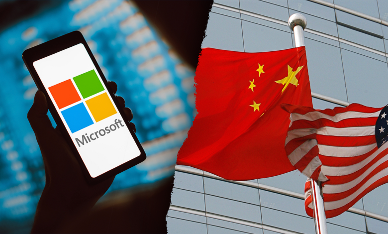 microsoft logo on phone; China and US flags