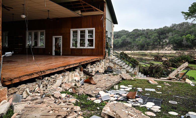 A view of a damaged building at Camp Mystic in Hunt, Texas.
