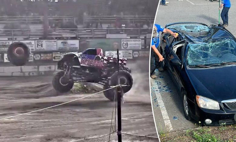 Washington monster truck show goes awry when rogue wheel flattens parked car