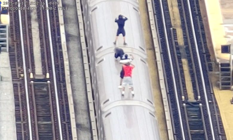 Four boys riding on top of a train in the Bronx