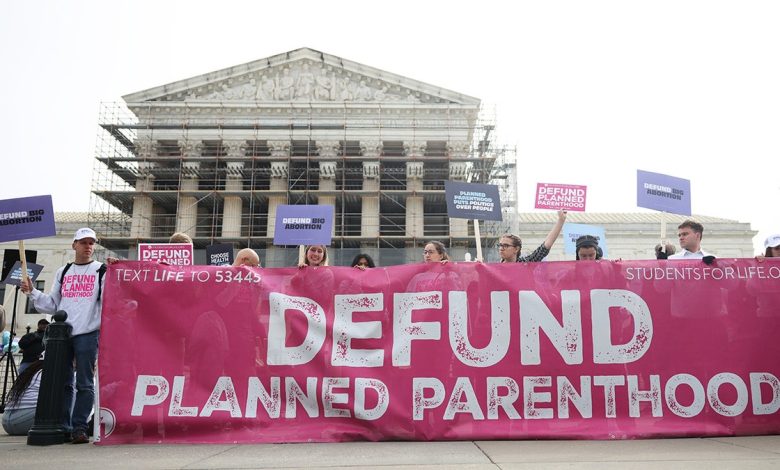 Demonstrators gather in front of the Supreme Court building as the Court hears oral arguments over Medina vs Planned Parenthood in Washington D.C.