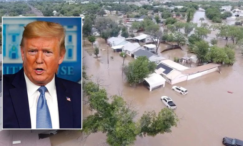 Trump next to an image of the catastrophic flooding in Texas during July 4th holiday.