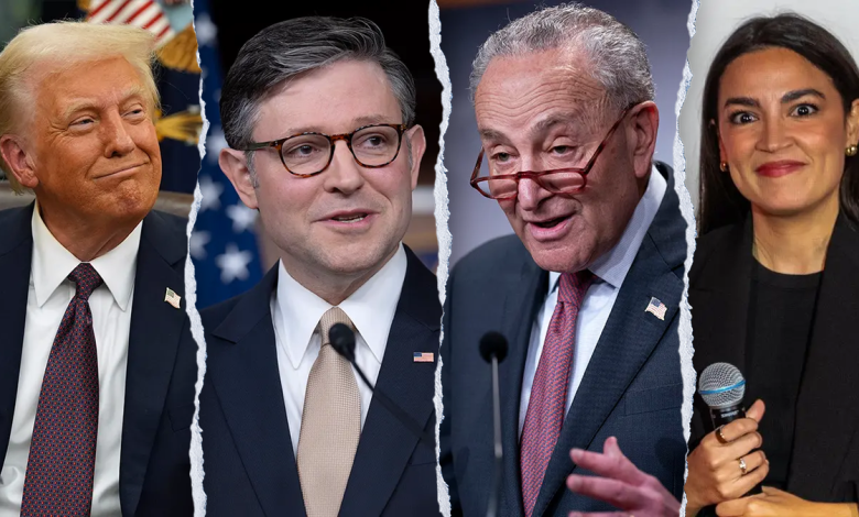 President Trump, Speaker Johnson, Sen. Schumer, AOC from l-r