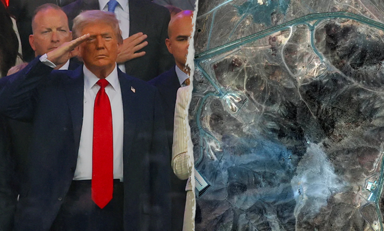 President Donald Trump saluting and satellite imagery of U.S. strike on Iran.