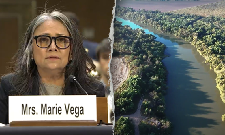 Marie Vega, left; texas ranch seen from air, right
