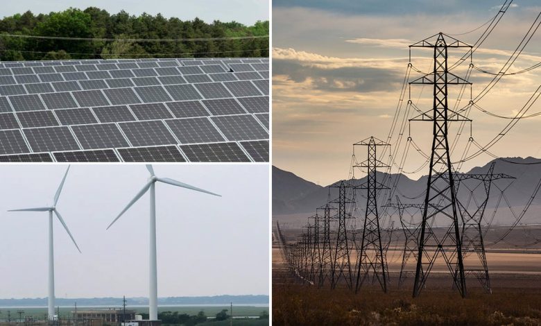 solar farm top left, bottom left windmills; right: transmission lines